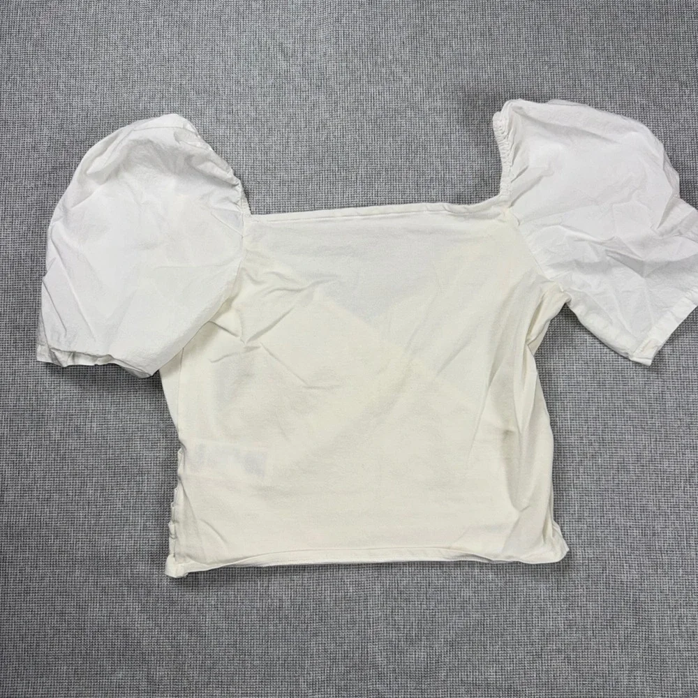 By Anthropologie White Puff Sleeve Wrap Top Ribbed Knit Cotton Blouse Small